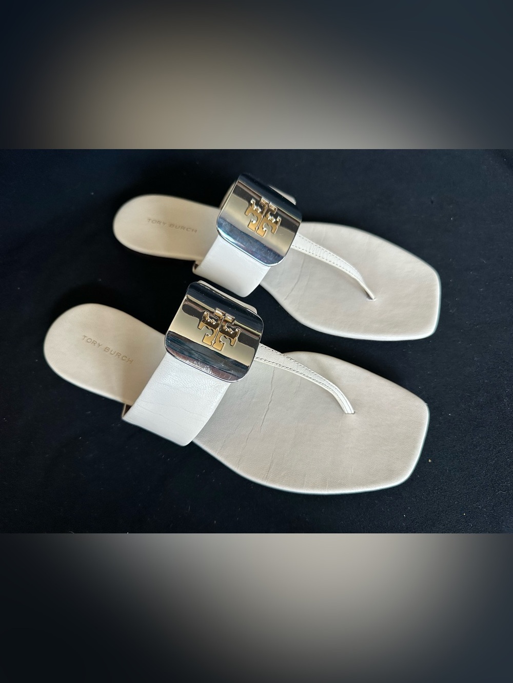 Tory Burch Georgia Ivory Leather Logo Thong Sandals with Gold Accent 8.5 square - Picture 3 of 14